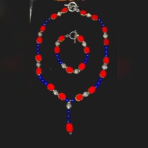 Lapis Lazuli & Red Glazed Clay Bead Necklace & Bracelet Set